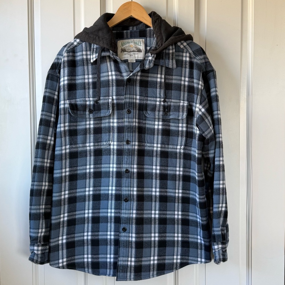 American Eagle Blue & White Plaid Men's Flannel Shirt with Removable Hood Large